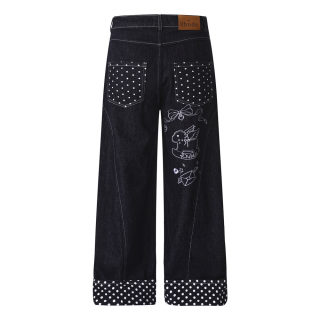 Cartoon Embroidery Polka Dot Denim Pants