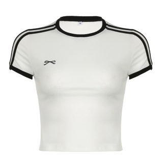 Contrast Bow Embroidery Patchwork T-Shirt for Women 5