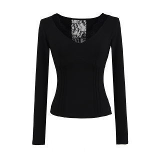 Lace Hollow Splicing V-Neck Long Sleeve T-Shirt 5