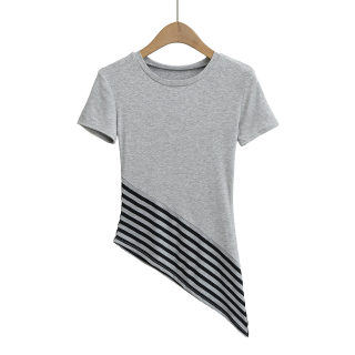 Striped Round Neck Diagonal Hem T-Shirt | Basic Casual 5
