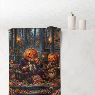 Pumpkin-Head Characters Towel | Halloween Cathedral Scene, Candy Pile
