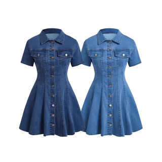 Western-Style Denim Short Sleeve Dress | Open-Front Fitted