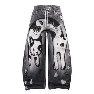 Hand-Painted Cow & Cat Wide-Leg Jeans for Women | Loose Straight Floor-Length 4