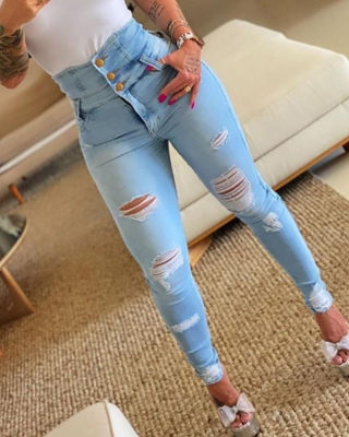 High-Waist Slim Ripped Skinny Jeans, High Stretch 6