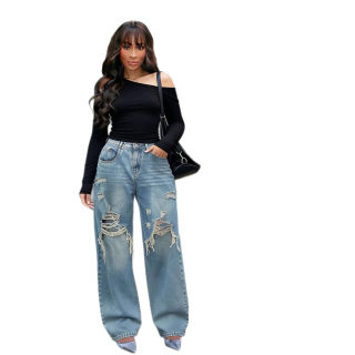 Layered Patchwork Ripped Washed Straight Leg Jeans 5