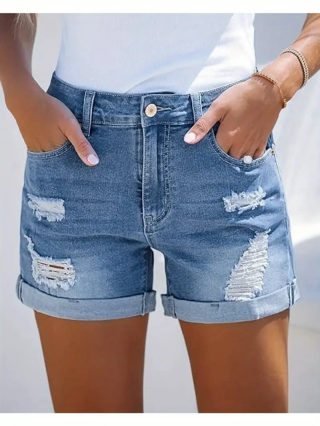 High-Waist Slimming Denim Shorts for Women | Straight-Leg Casual with Hole Design 6