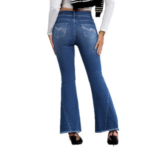 Women's High-Waisted Skinny Flared Jeans | Embroidery & Frayed Hem 4