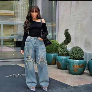 Layered Patchwork Ripped Washed Straight Leg Jeans