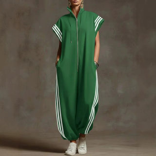 Striped Zipper Stand Collar Jumpsuit | Spring Summer Overalls 2