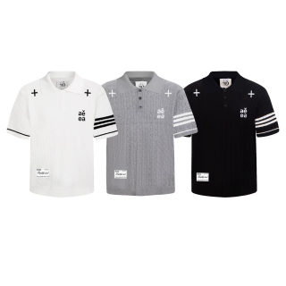 Four-Stripe Herringbone Knit Polo Shirt | Unisex Cross Embroidery 5