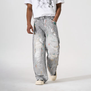 Loose Straight-Leg Washed Denim Pants | Men's Graffiti Ripped 2