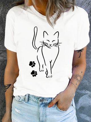 Women's Cat & Paw Print Round Neck T-Shirt | Casual