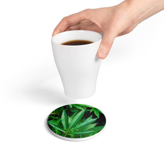 Marijuana leaf ceramic coaster | round cork-back drink mat 7