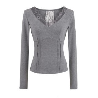 Lace Hollow Splicing V-Neck Long Sleeve T-Shirt 2