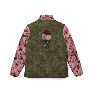 Green & Pink Camo Puffer Jacket with Rose Bouquet Print 2