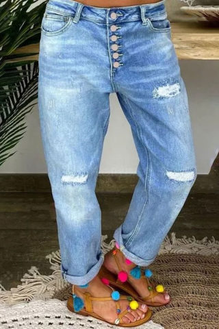 Blue Ripped Jeans, Loose Straight Leg 6