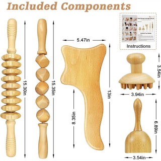 Beech Wood Massage Set — Gua Sha Cup, Roller & Muscle Stick 6