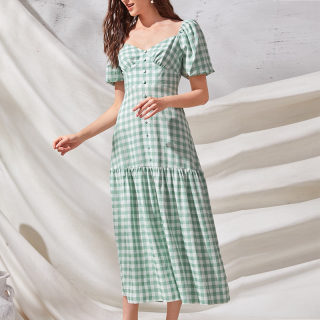 Plaid Puff Sleeve Long French Dress for Women 3