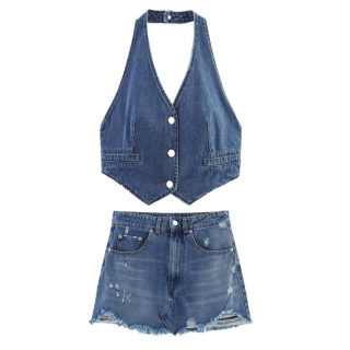 Denim Halter Vest & Mini Skirt Set | Women's V-Neck