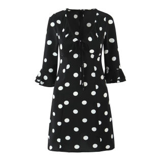 Color Block V-Neck Flared Sleeve Polka Dot Dress 5