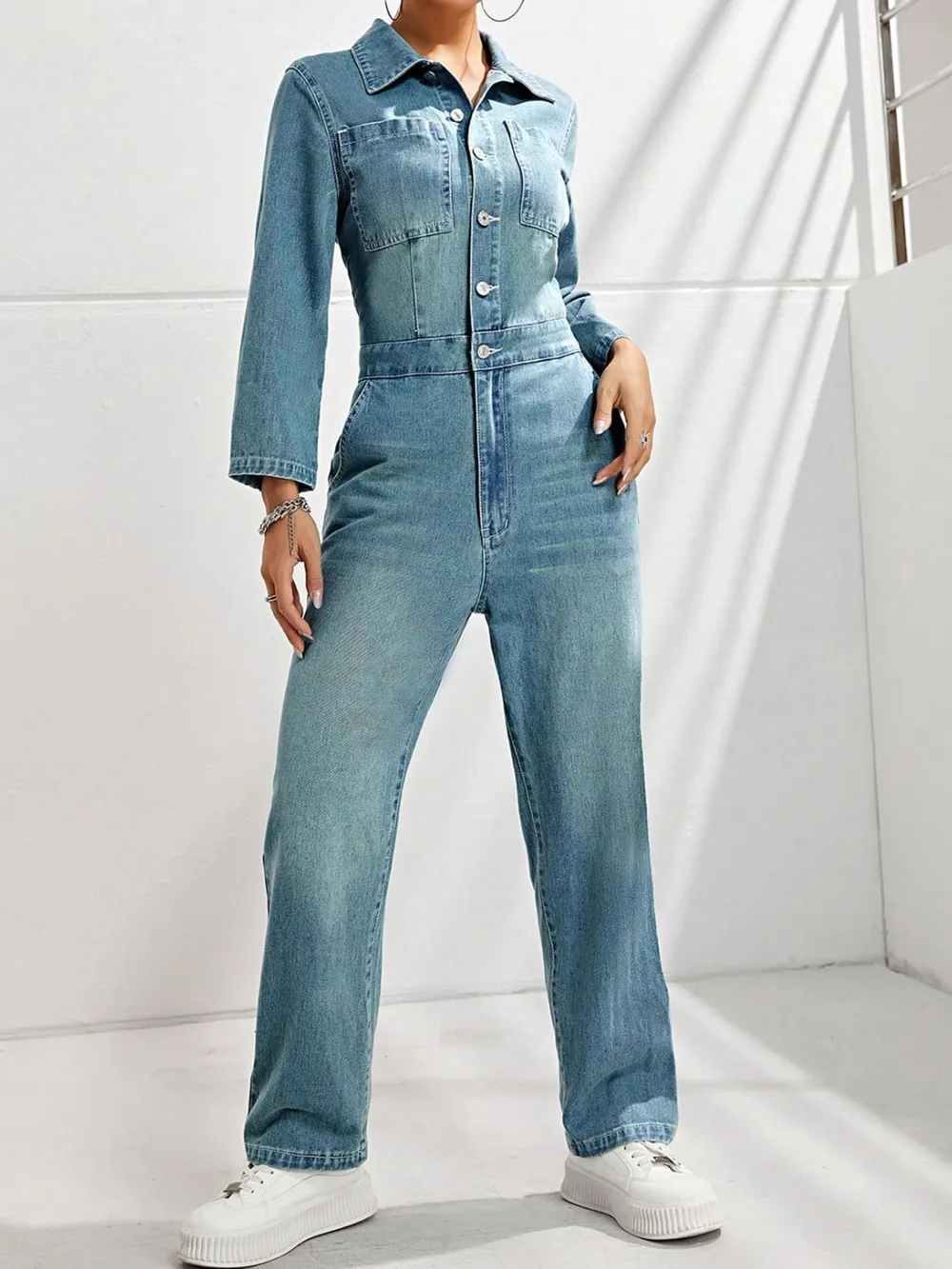 Half Button Straight Leg Denim Jumpsuit | Long Sleeve