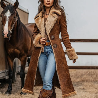 Western Vintage Cowgirl Denim Trench Coat | Fleece-Lined Warm Outerwear