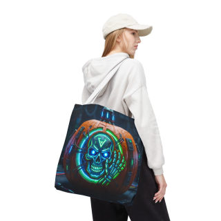 Cyber Pumpkin Skull Tote Bag | Neon Sci-Fi Halloween Tote 69