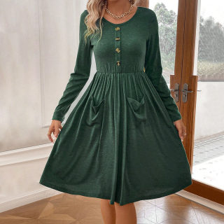 Waist-Cinched Round Neck A-Line Knit Dress | Long Sleeve with Pockets 4
