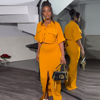 Summer Collared Shirt Top and Wrap Skirt Set 2