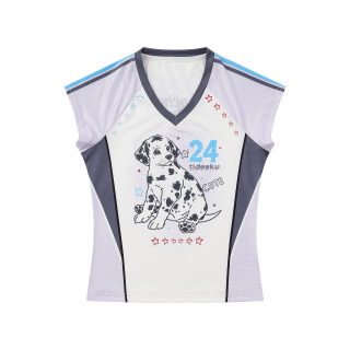 Dalmatian Print V-Neck Sleeveless Cropped Top | Sporty Color Block
