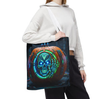 Cyber Pumpkin Skull Tote Bag | Neon Sci-Fi Halloween Tote 98