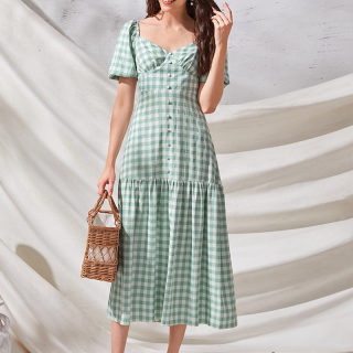 Plaid Puff Sleeve Long French Dress for Women 2