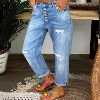 Blue Ripped Jeans, Loose Straight Leg 2