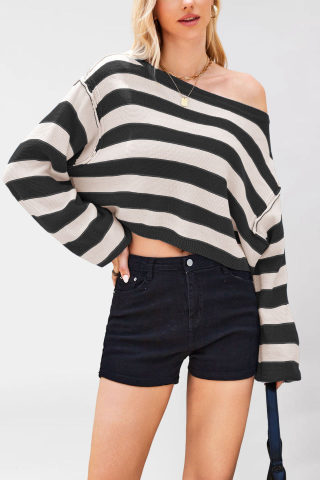 Hooded Striped Loose Short Knit Sweater 6