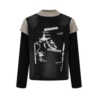 Hammer Letter Print Fake Two-Piece Long Sleeve Shirt | American Retro 6