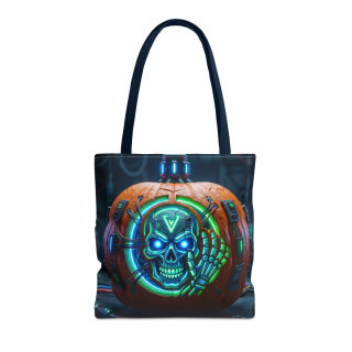 Cyber Pumpkin Skull Tote Bag | Neon Sci-Fi Halloween Tote 14