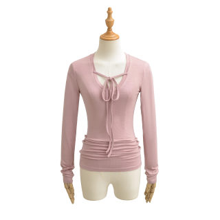 Deep V-Neck Tied Long Sleeve T-Shirt 2