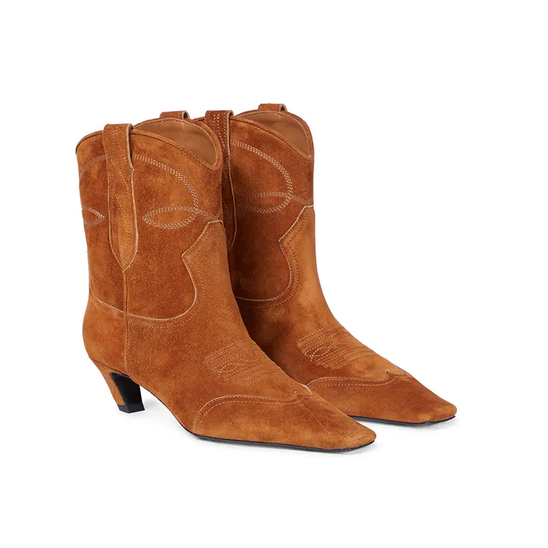 Women's Pointed Toe Cowboy Boots | Low Heel Leather Cowgirl Ankle Boots