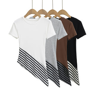 Striped Round Neck Diagonal Hem T-Shirt | Basic Casual
