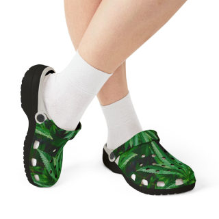 Green tropical leaf print clog shoes