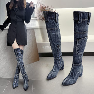Sexy Denim Knee-High Boots | Women's Cowboy Style Zipper Boots