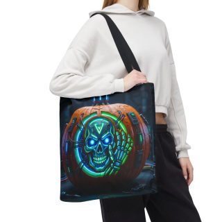 Cyber Pumpkin Skull Tote Bag | Neon Sci-Fi Halloween Tote 93