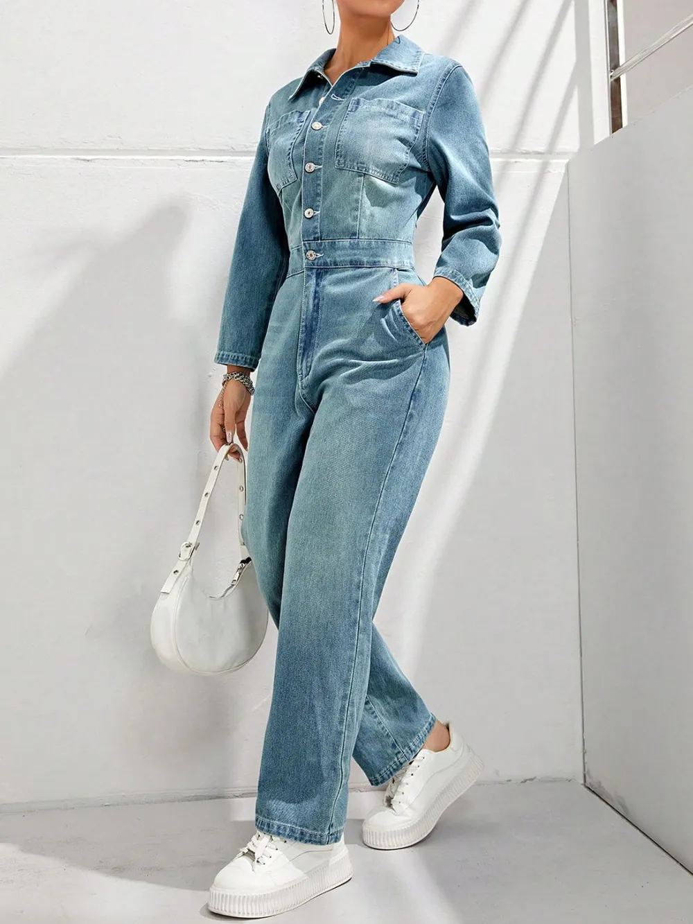 Half Button Straight Leg Denim Jumpsuit | Long Sleeve 3