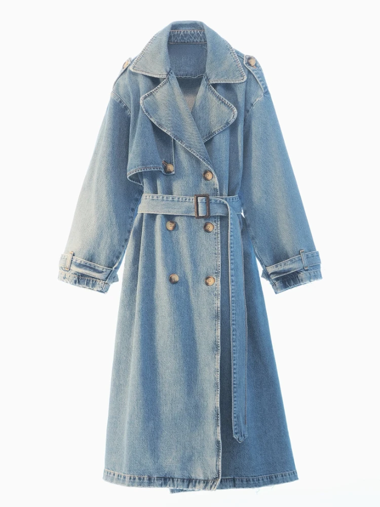 Long Denim Trench Coat for Women | Belted Waist Slim Jean Jacket