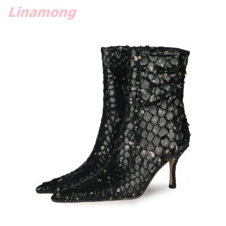 Women's Bling Pointed-Toe Ankle Boots, Thin High Heel