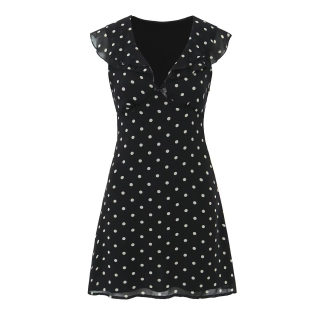 V-Neck Flutter Sleeve Wave Dot Ruffle Waist-Cinched Dress 3