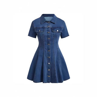 Western-Style Denim Short Sleeve Dress | Open-Front Fitted 2