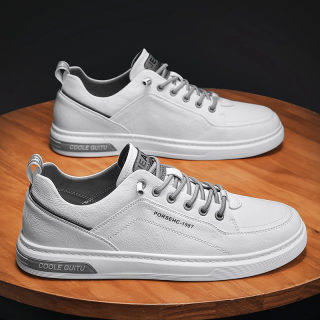Men's Casual Leather Shoes | Thick-Sole White Sneakers 2