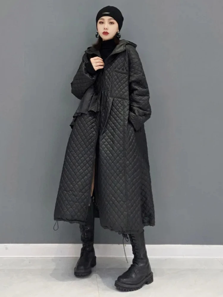 Hooded Parka | Solid Color Long Large Size Diamond Lattice Zipper A-Line 3