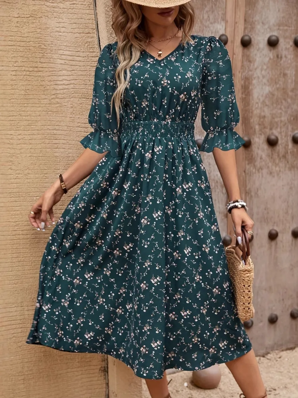 Smocked Waist Floral Flounce Sleeve Midi Dress 4